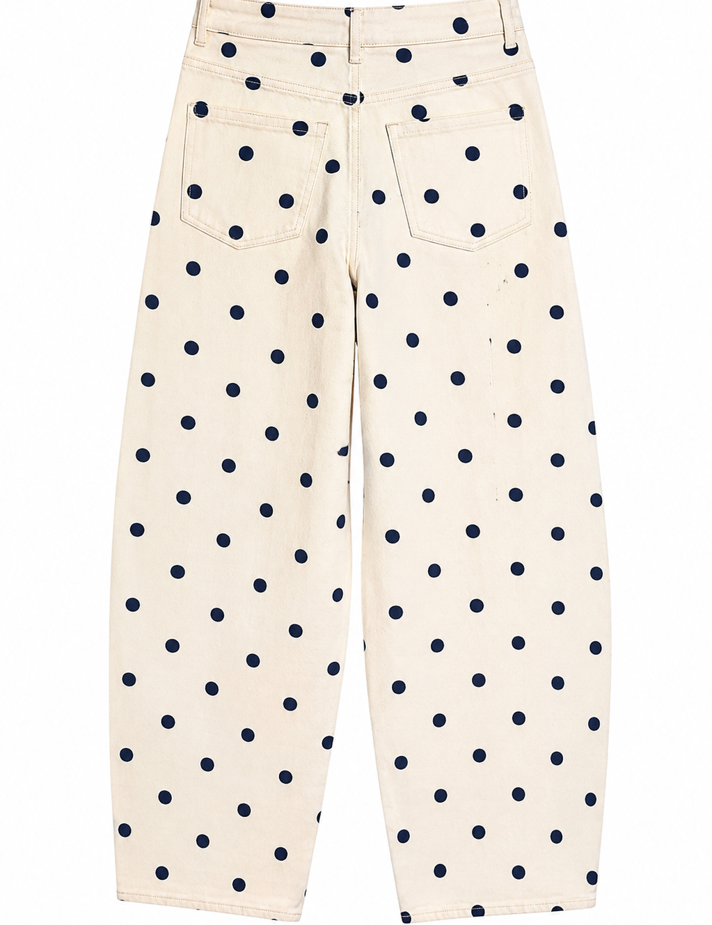 White pants with blue polka dots on a white background