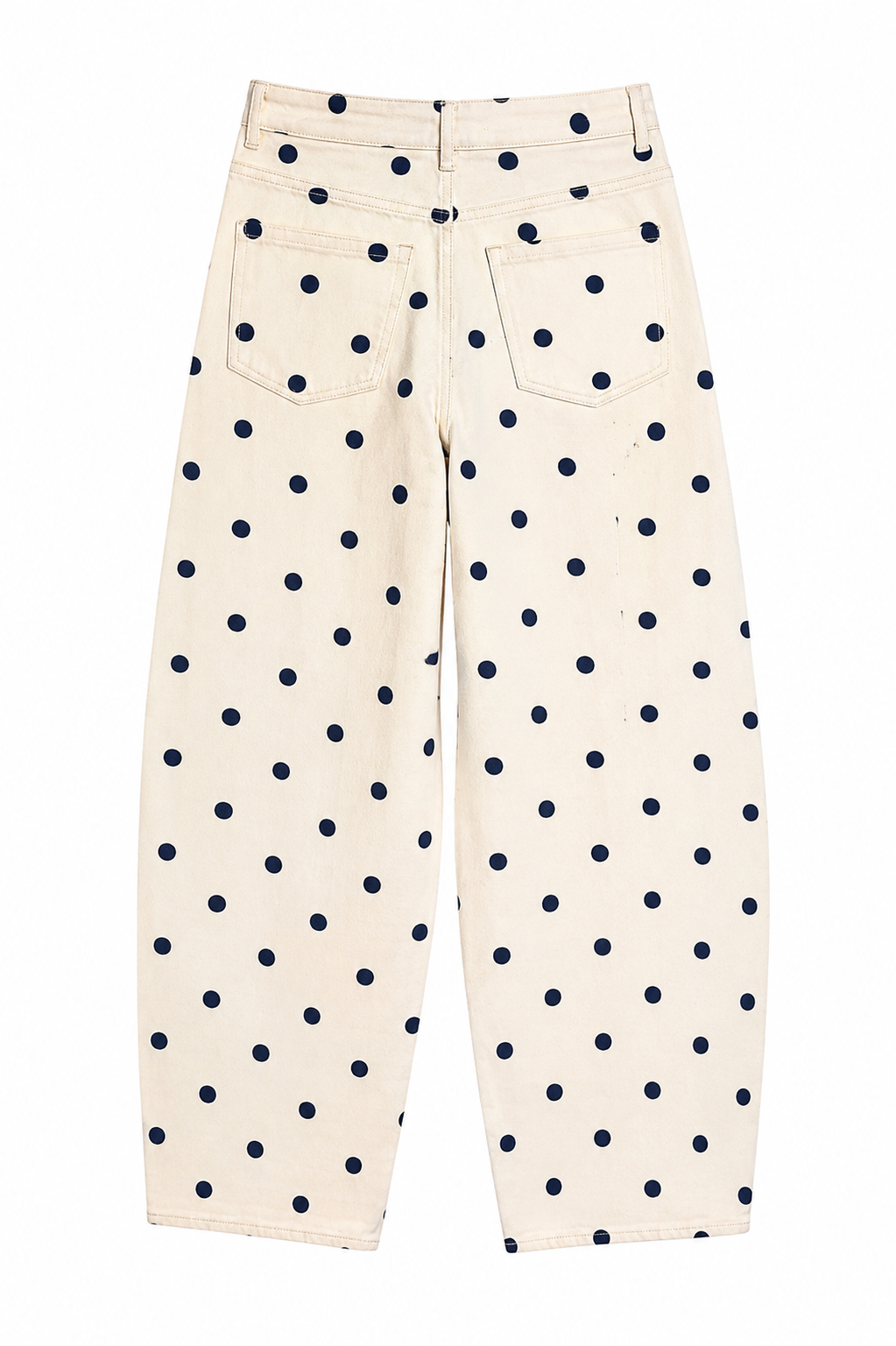 White pants with blue polka dots on a white background