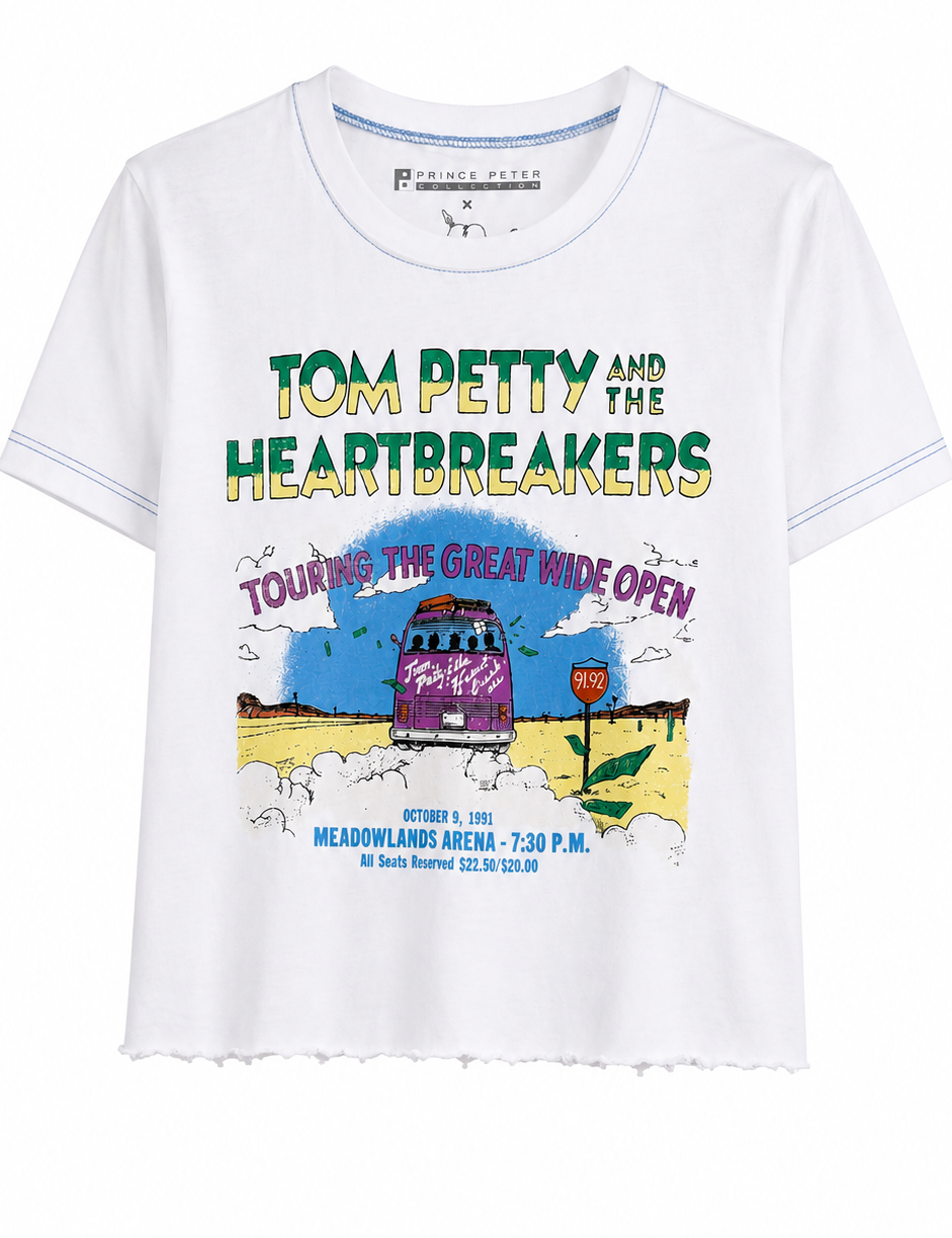 White t-shirt with 'Tom Petty and the Heartbreakers' graphic design on a white background