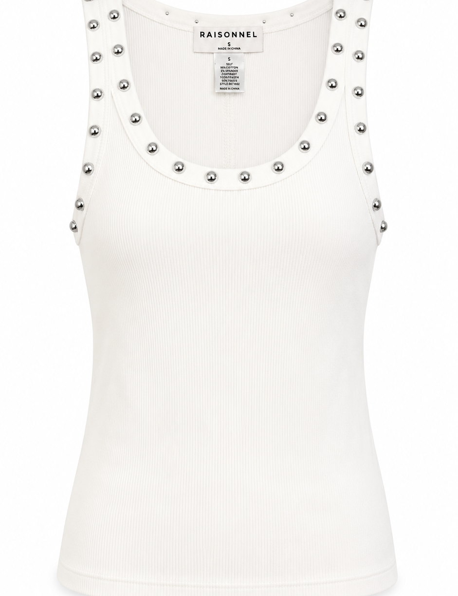 White tank top with silver studded details on a white background