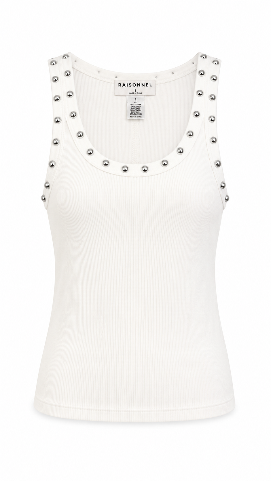 White tank top with silver studded details on a white background