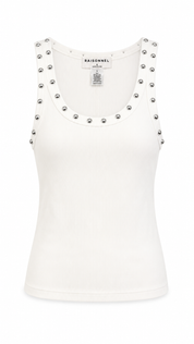 White tank top with silver studded details on a white background