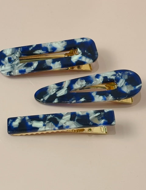 Acrylic Hair Clip Trio Set - Blue - ACC