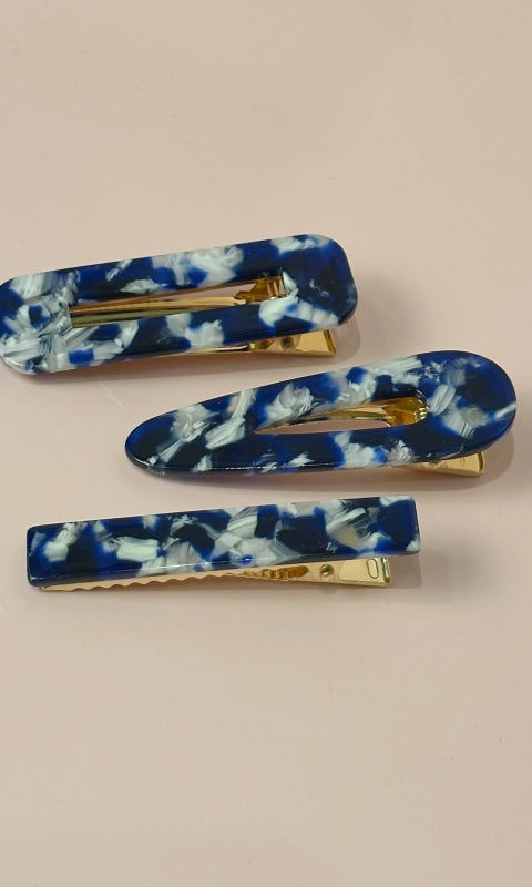 Acrylic Hair Clip Trio Set - Blue - ACC