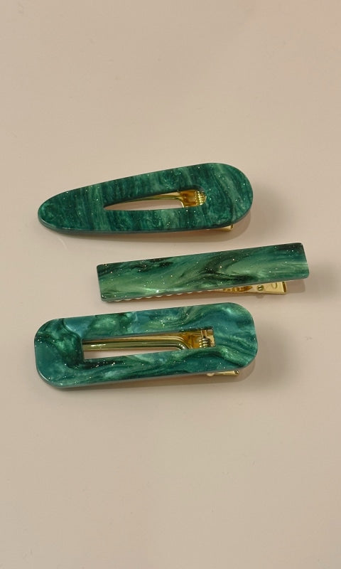 Acrylic Hair Clip Trio Set - Emerald - ACC