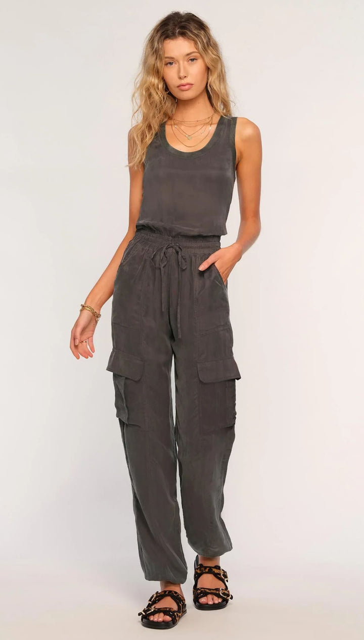 Gray cargo jumpsuit.