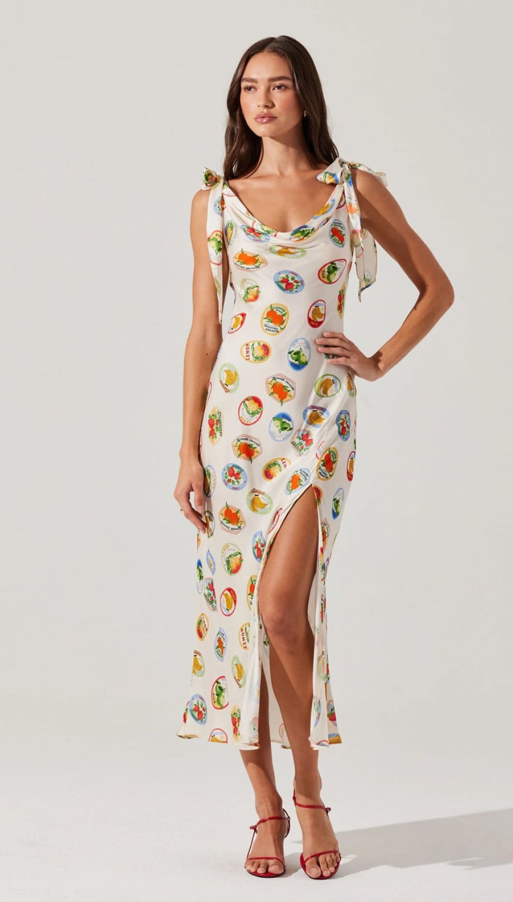 Printed midi dress with tie straps.
