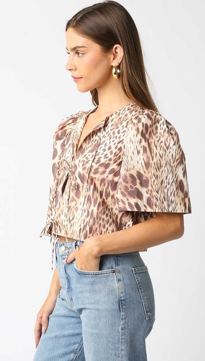 Animal print cropped blouse with flutter sleeves and a v-neckline.