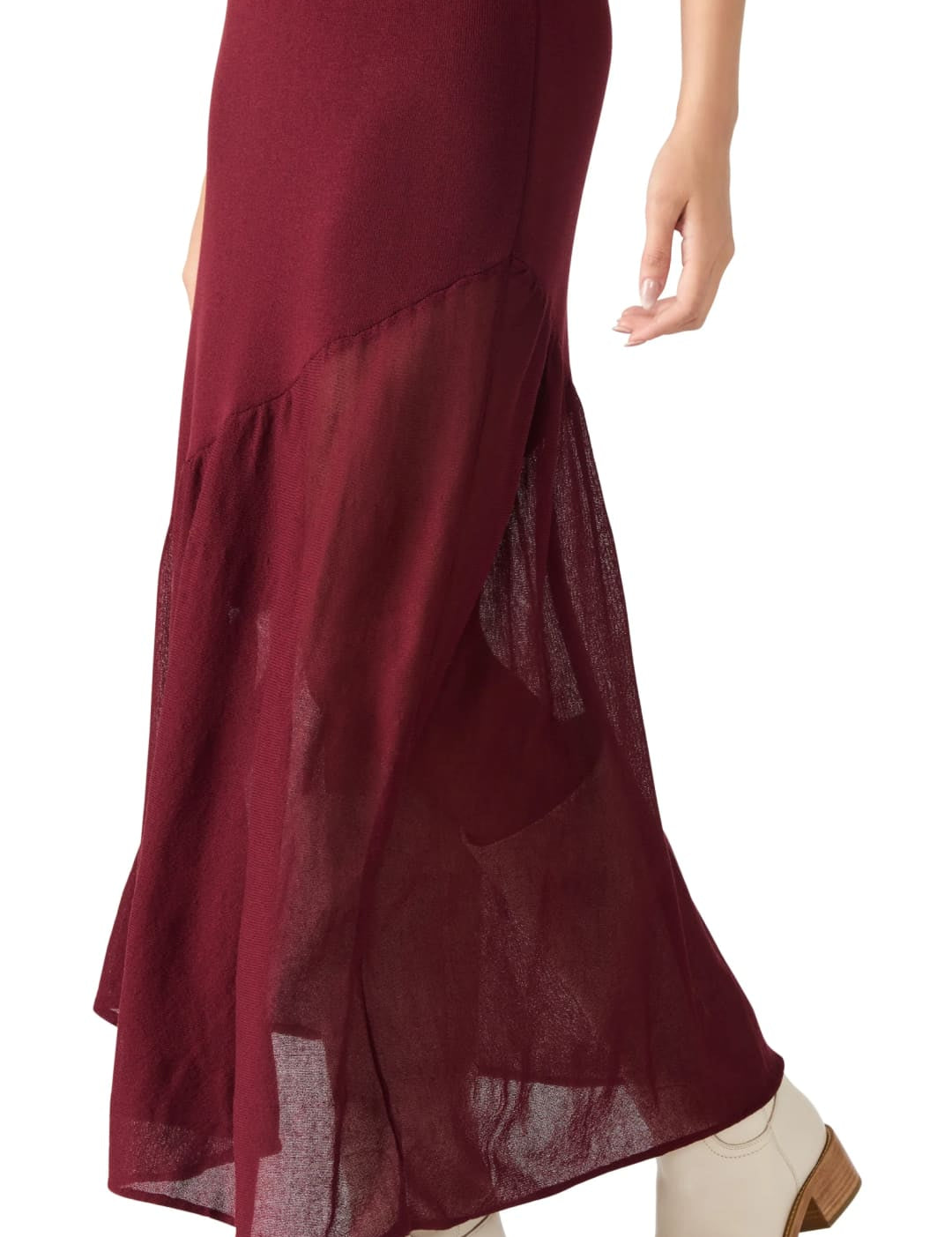 Maroon ankle-length skirt with a sheer overlay and ruffled hem.