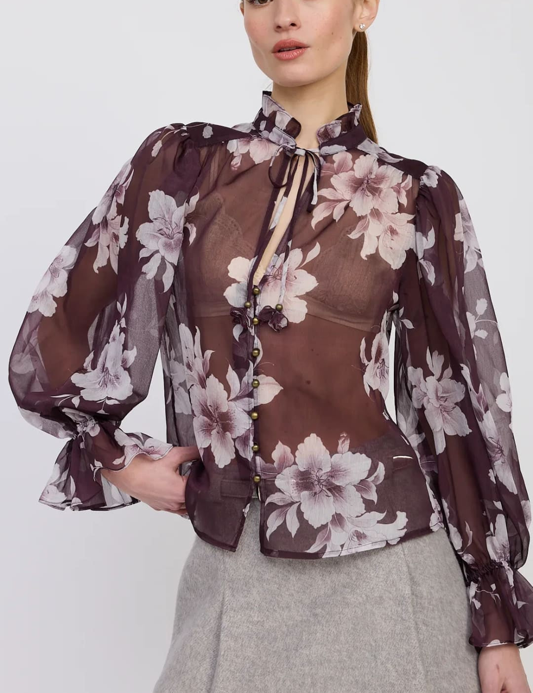 Sheer floral print long-sleeve blouse with a high neck and tie detail.