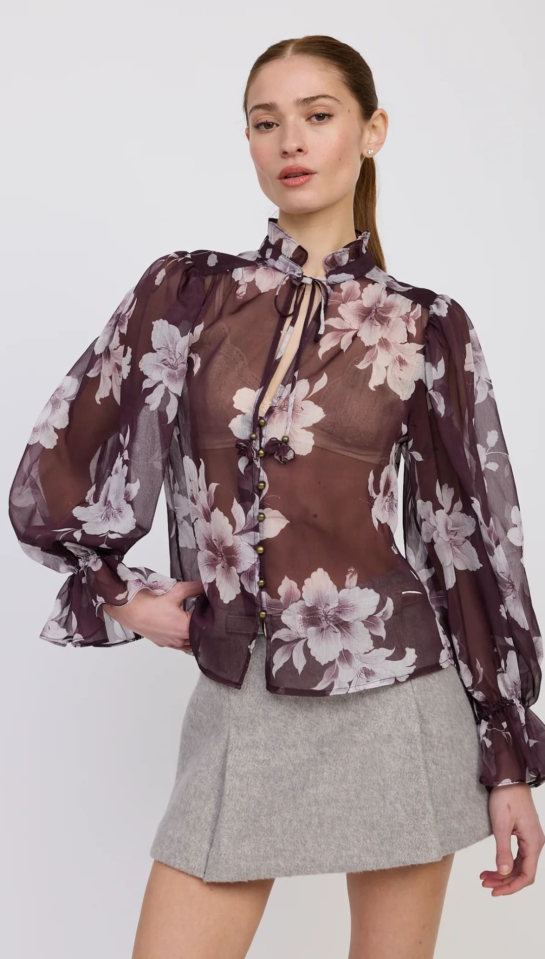 Sheer floral print long-sleeve blouse with a high neck and tie detail.