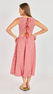 Red and white gingham midi dress with a crop top featuring back ties.
