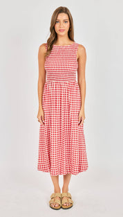 A red and white gingham sleeveless midi dress with a smocked waistband.