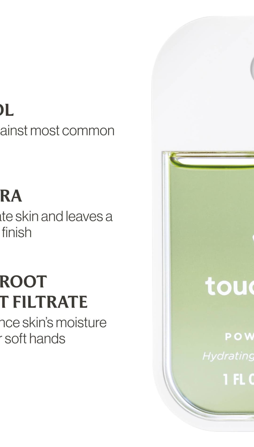 Touchland power mist hydrating hand sanitizer, 1 fl oz (30 ml), green and white bottle with pump.