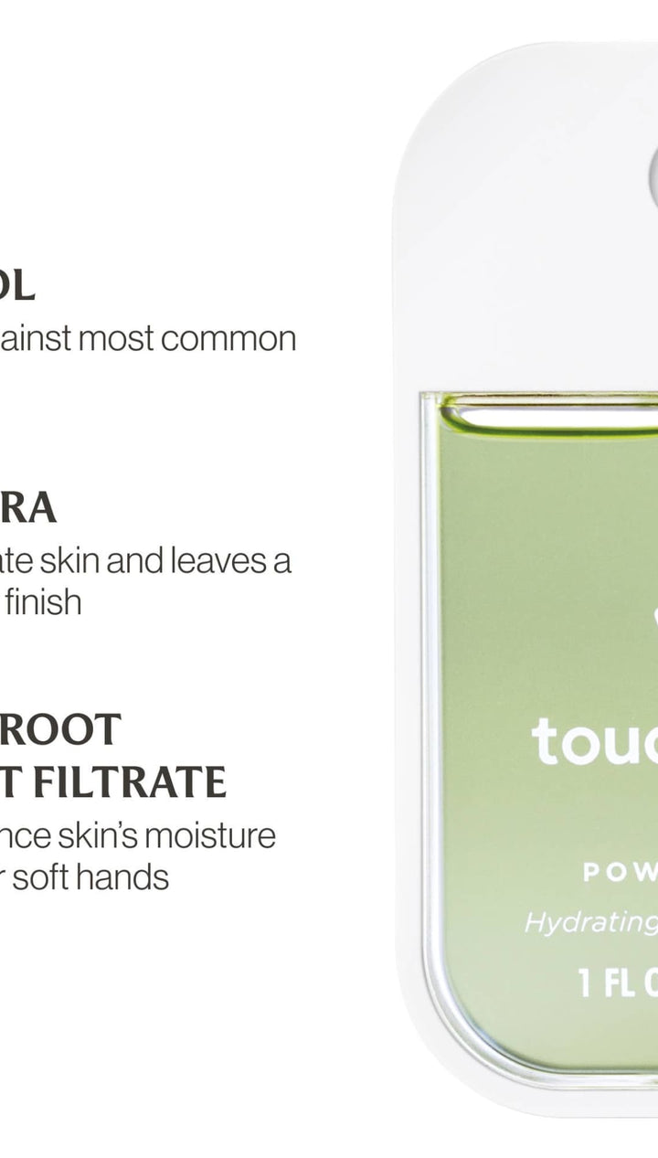 Touchland power mist hydrating hand sanitizer, 1 fl oz (30 ml), green and white bottle with pump.