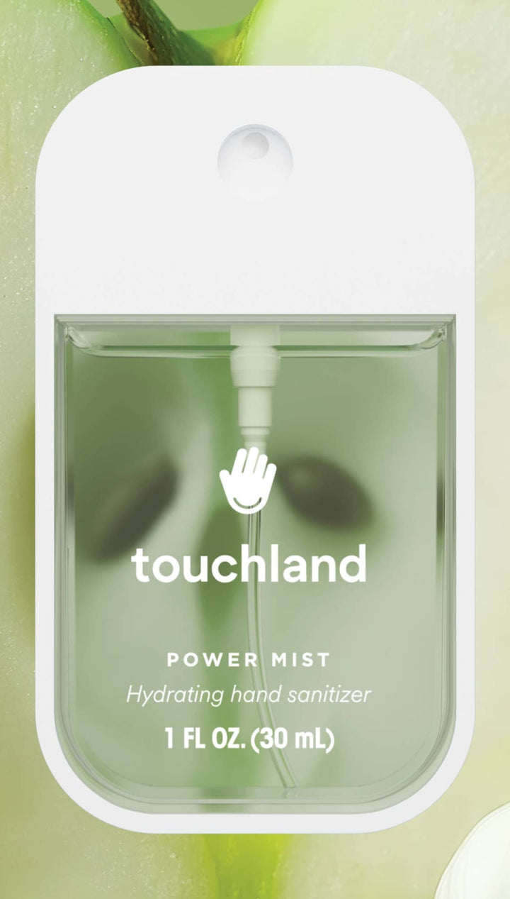 Touchland power mist hydrating hand sanitizer in a clear plastic bottle with white cap and pump.