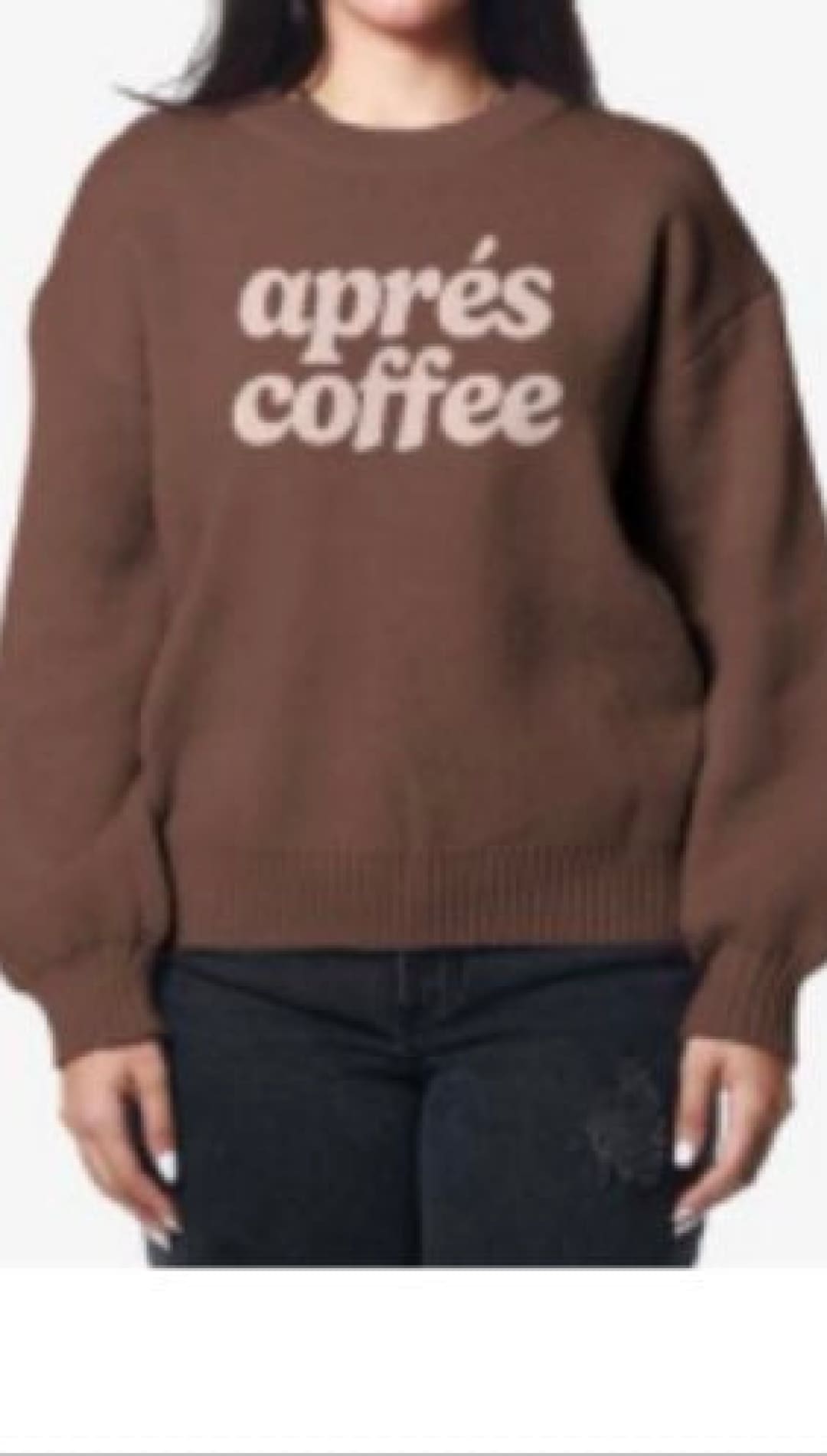 Brown ’apres coffee’ sweater with balloon sleeves and ribbed hem.