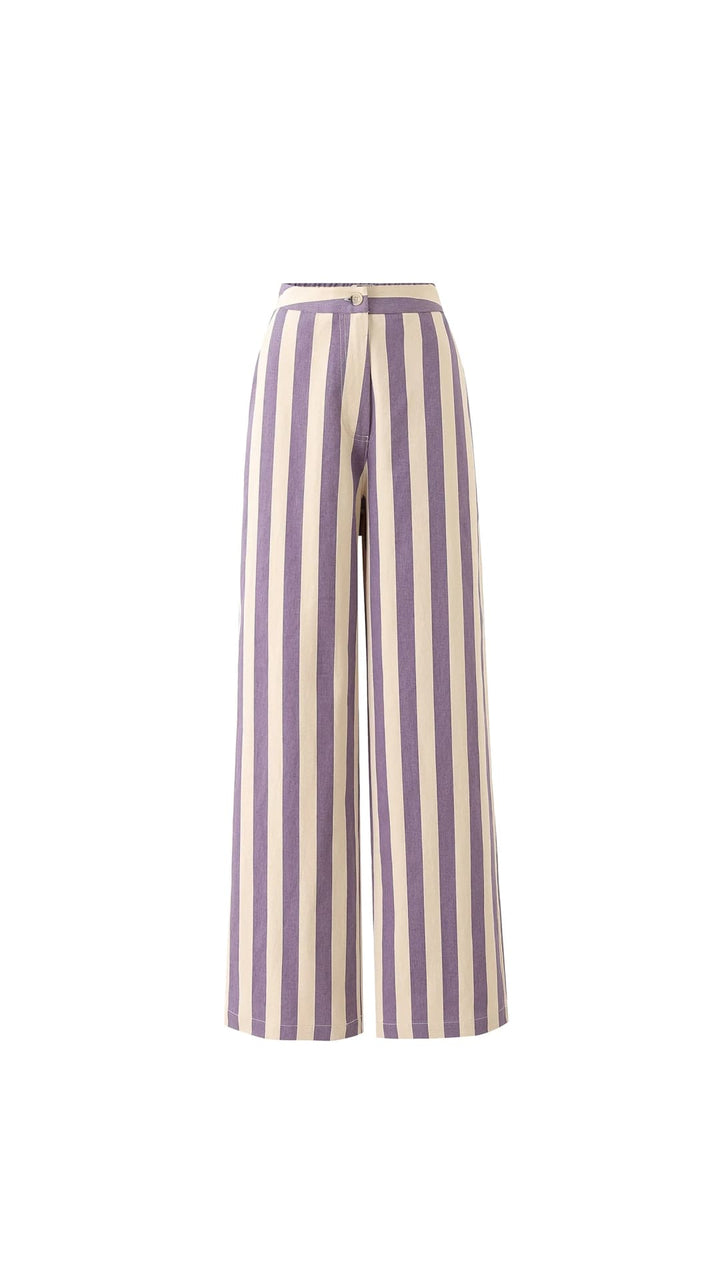 Purple and cream striped wide-leg trousers.