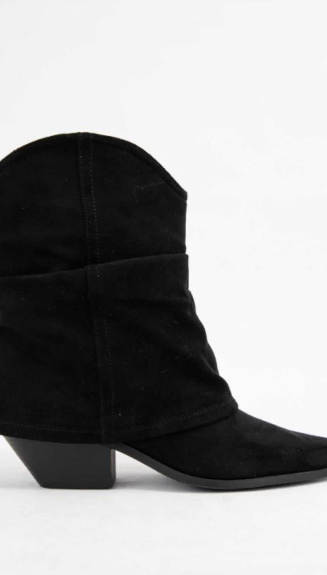 Black suede ankle boot with a low heel and pointed toe.