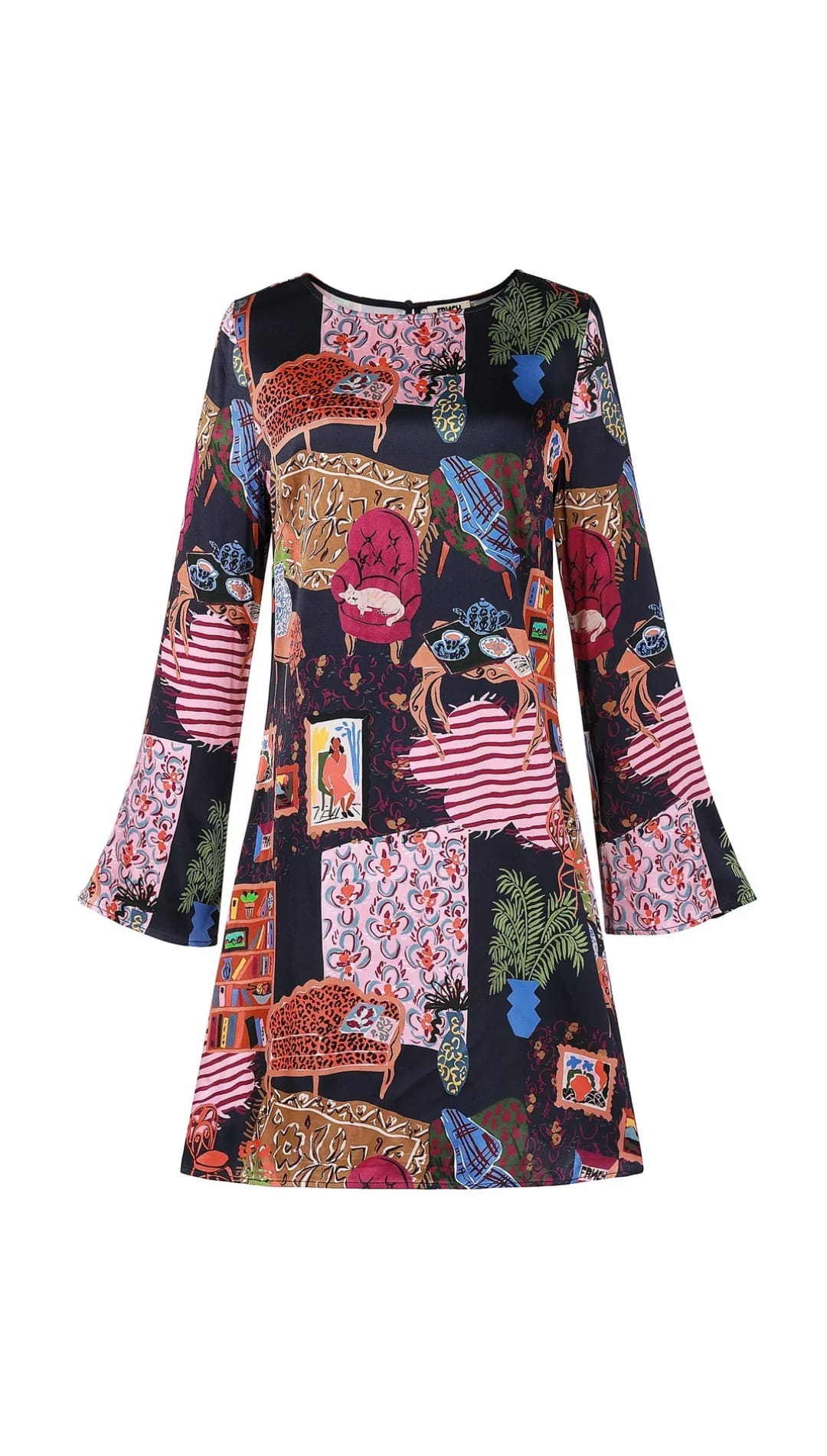 Black patchwork dress with bell sleeves and floral patterns.