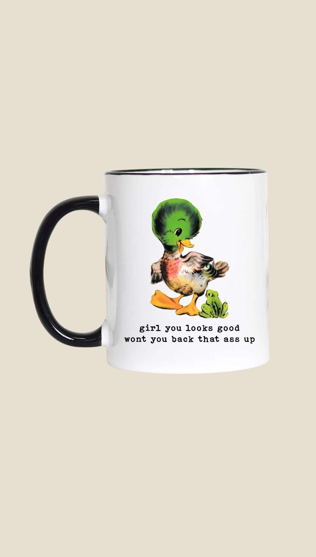 Ceramic duck mug with black handle and rim, featuring a green head and yellow beak design.