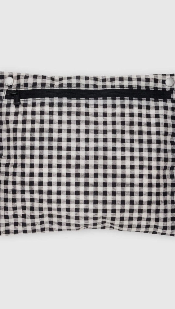 Black and white checkered zippered pouch.