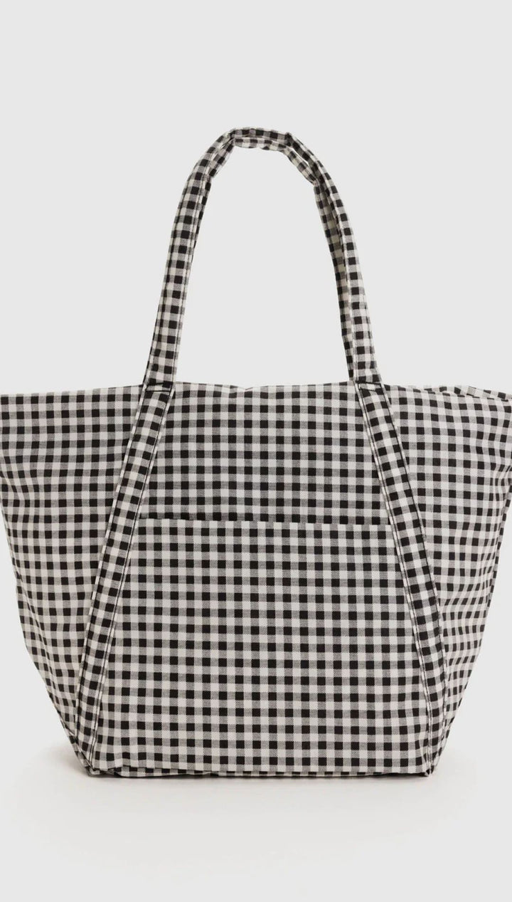 Black and white gingham tote bag with woven texture.