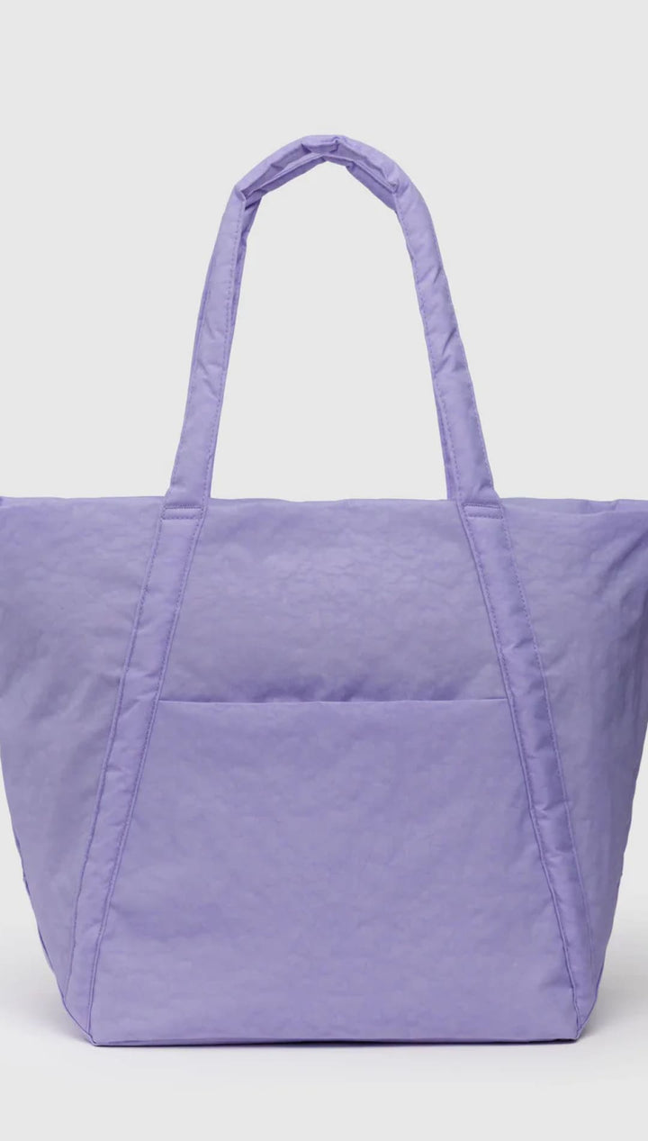 Lavender tote bag with two handles and a front pocket.