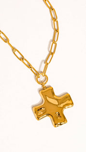 Gold-toned cross pendant necklace with a chunky, textured chain.