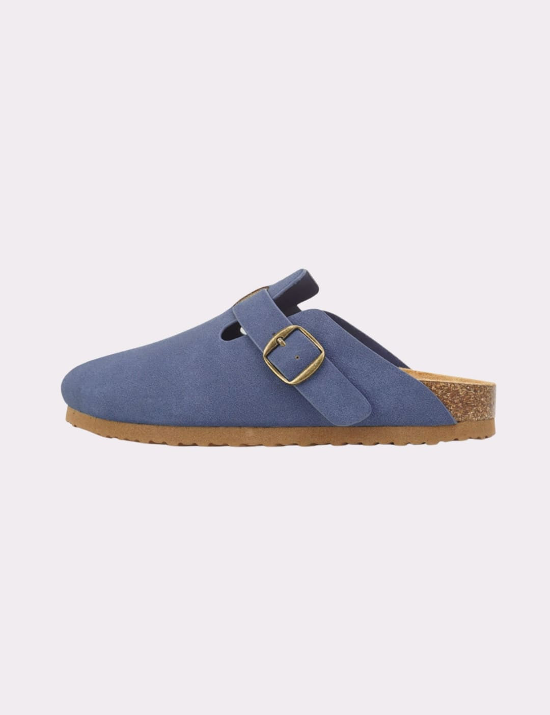Blue clog with buckle.