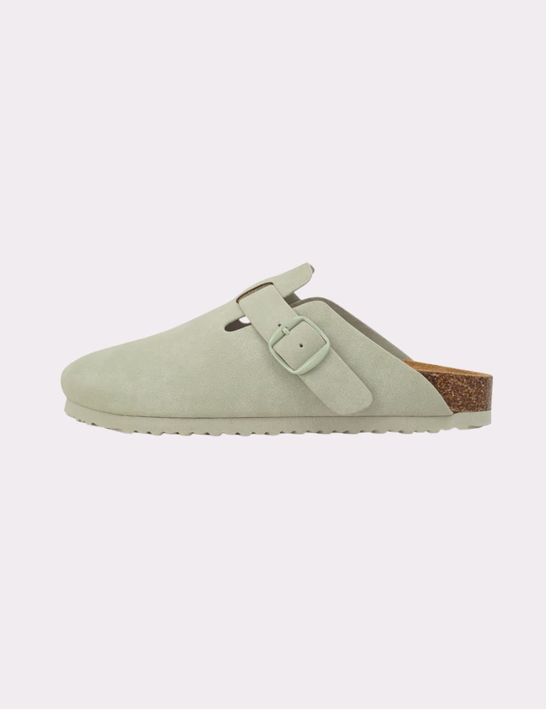 Light green clog with buckle.