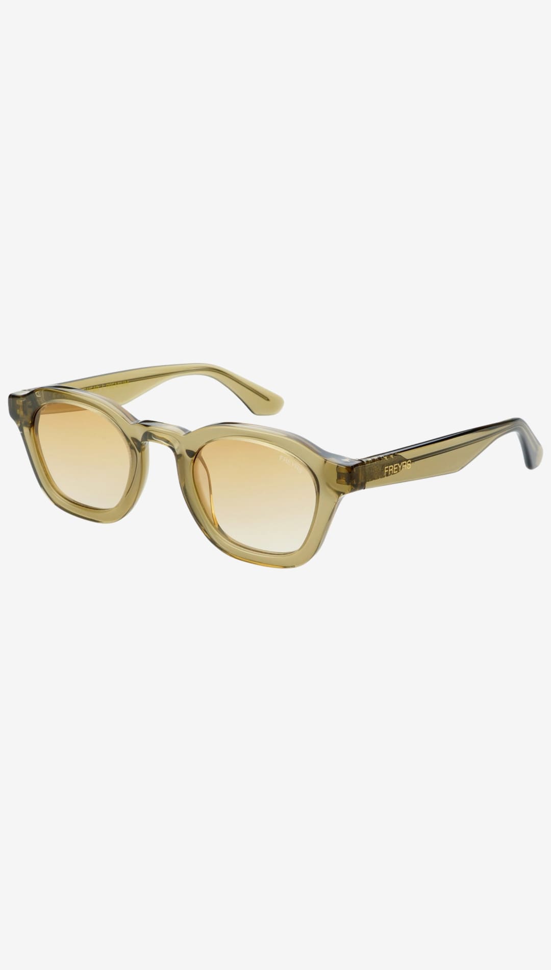 Olive-tinted acetate sunglasses with gradient amber lenses and a classic round frame design.