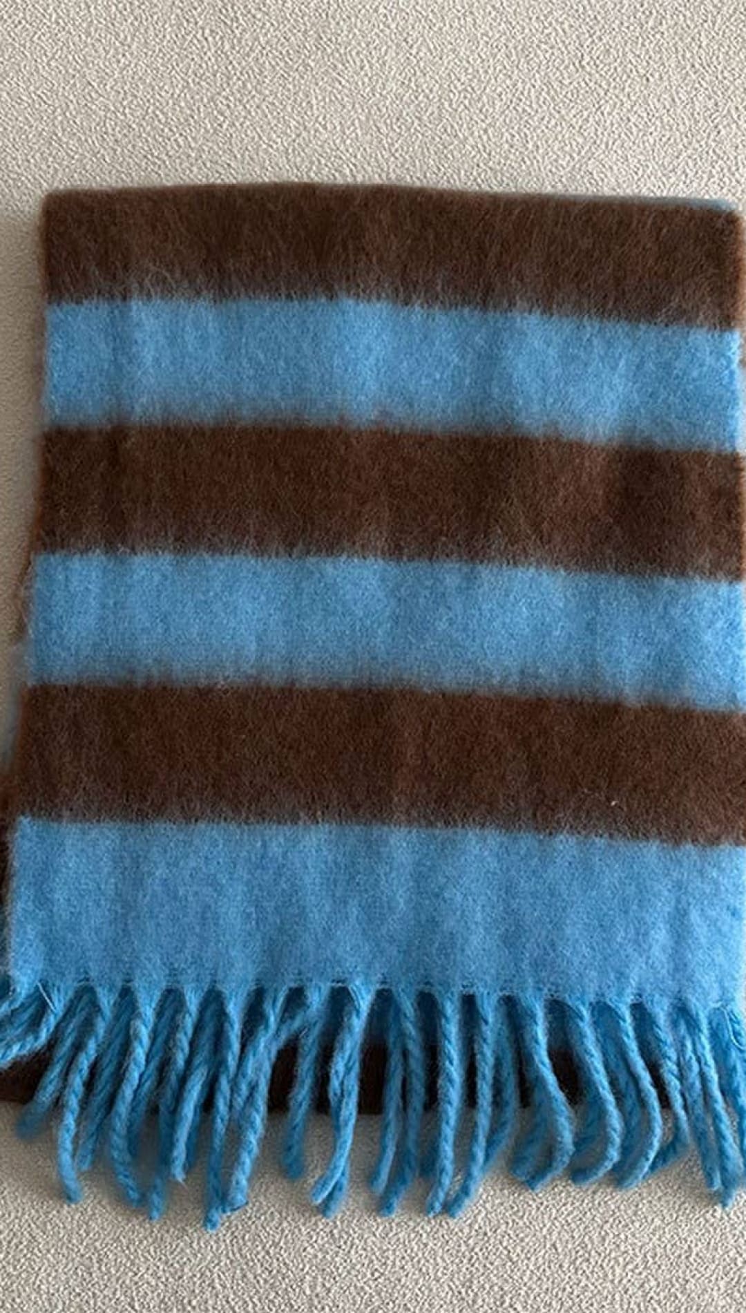Blue and brown striped wool scarf with fringed edges.