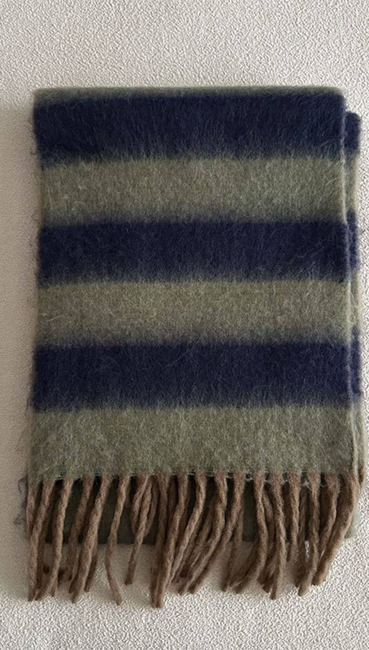 Striped wool scarf with navy and green hues, fringed edges.