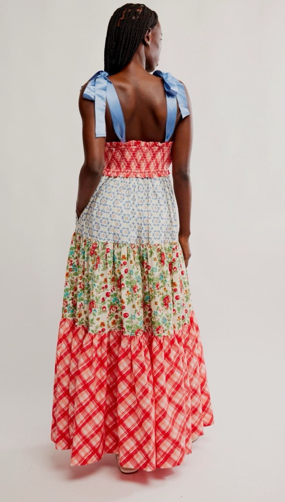 Patchwork tiered maxi dress.