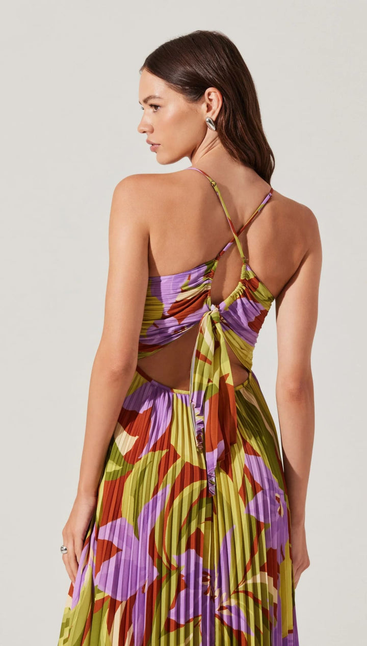 Floral print halter dress.