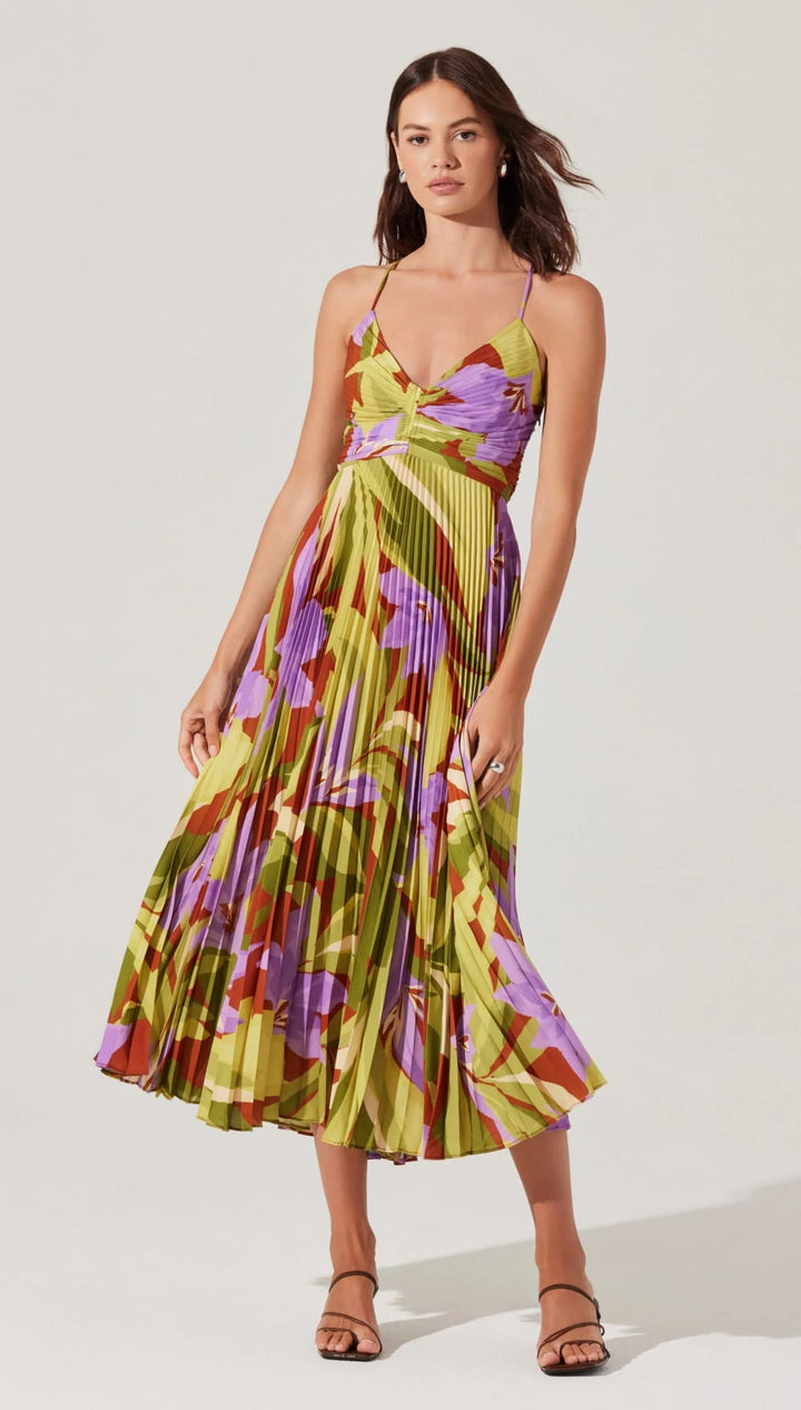 Floral print pleated midi dress.