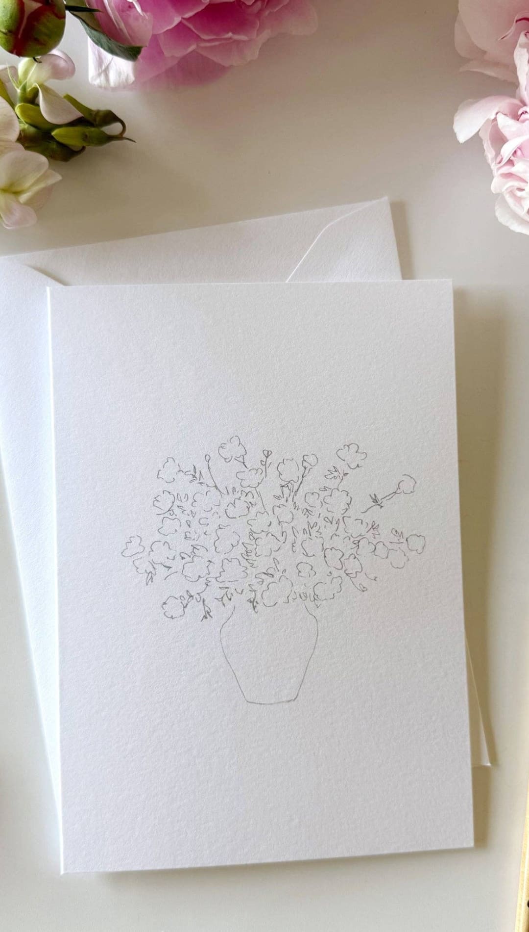 White vase sketch greeting card with floral design and envelope set.