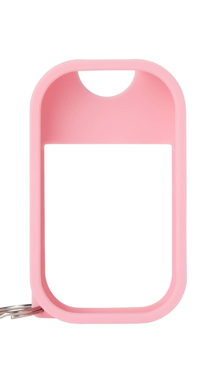 Pink silicone keychain holder with clear window and metal clip.