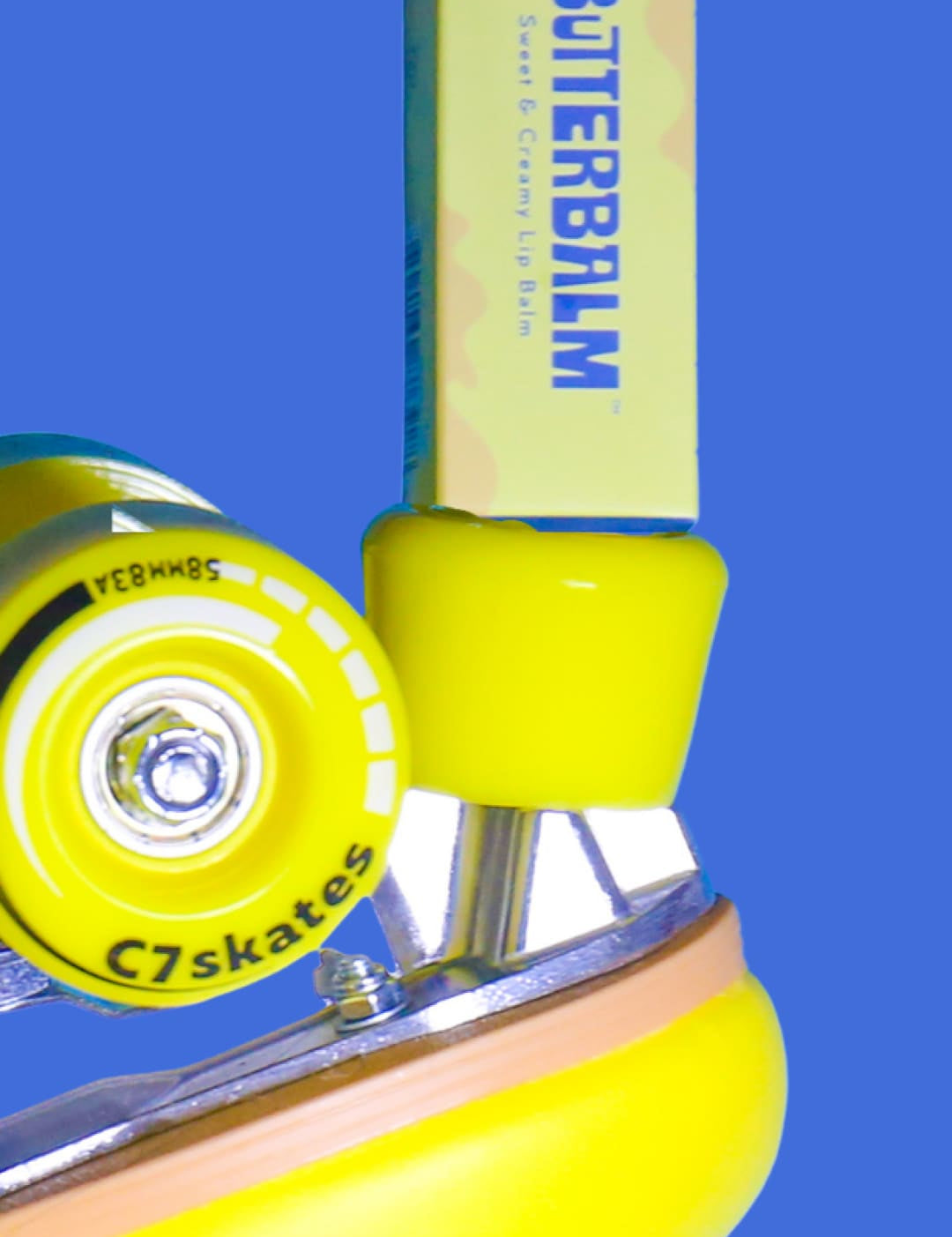 Yellow roller skate with lip balm.
