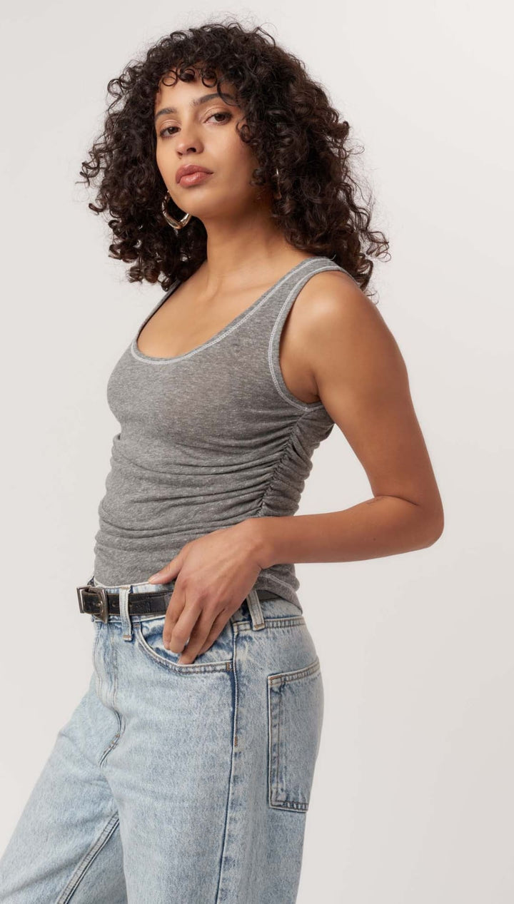 Gray ruched tank top.