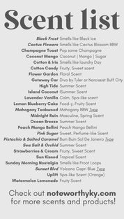 Scent list with hanging air fresheners.