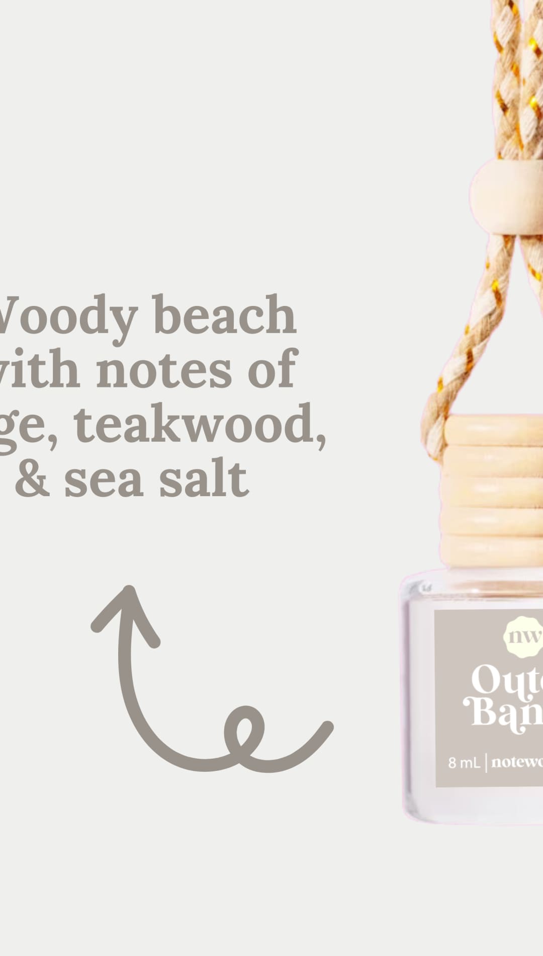 Square car air freshener with wooden cap and rope hanger.