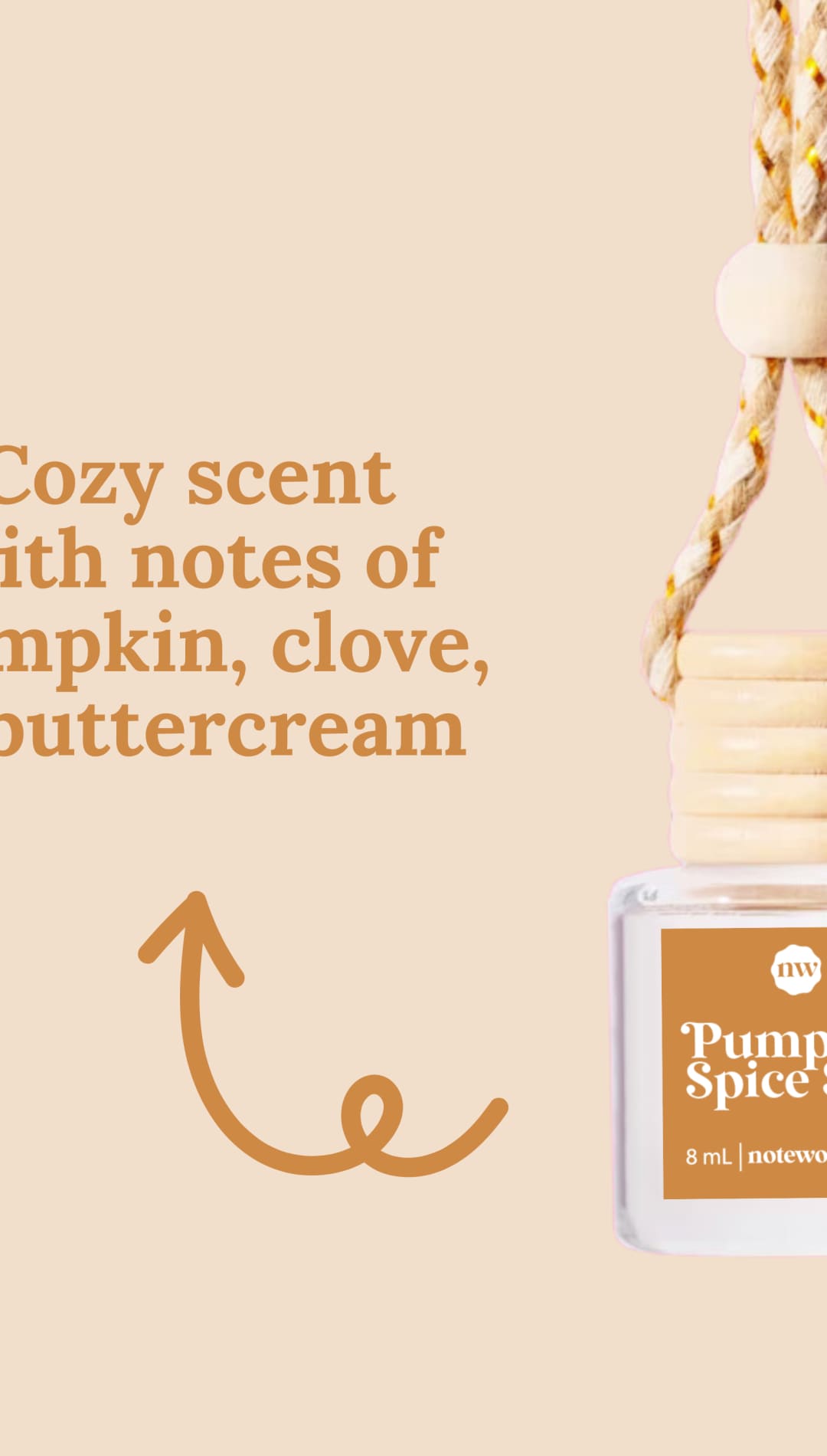 Pumpkin spice scented diffuser bottle with wooden cap and rope hanger, 2 oz.