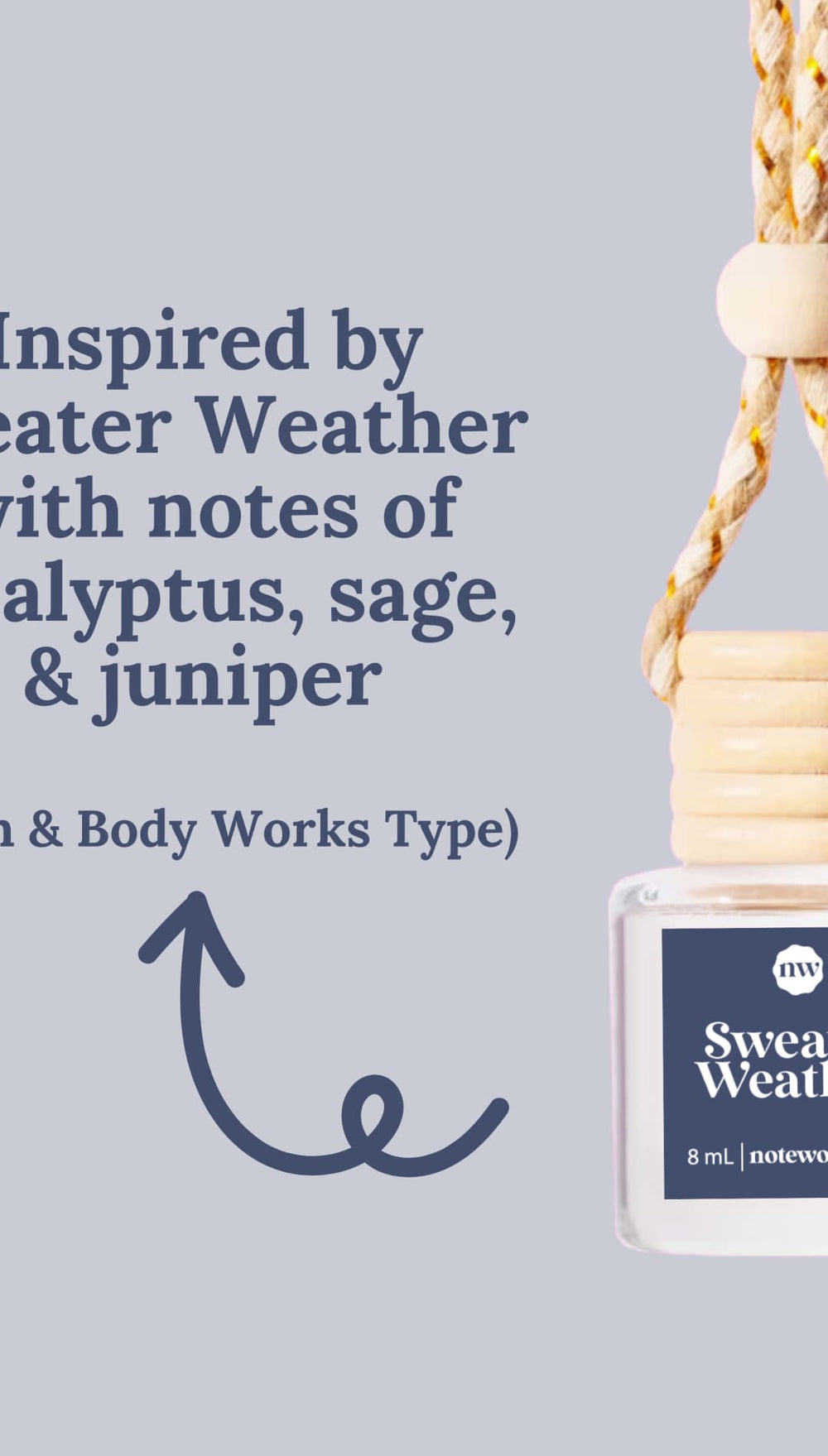 Sweater weather essential oil bottle with eucalyptus, sage & juniper notes.