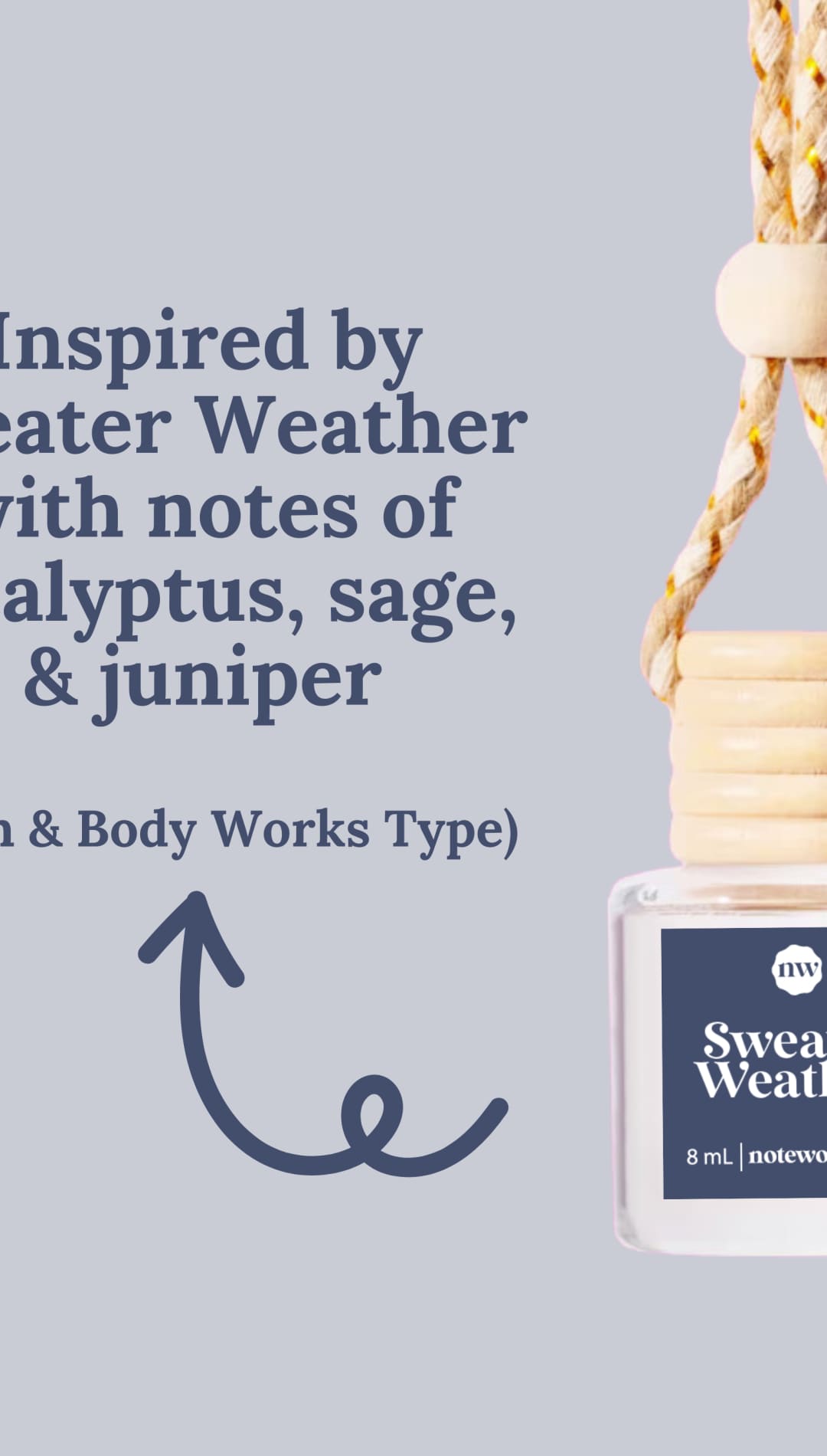 Sweater weather essential oil bottle with eucalyptus, sage & juniper notes.