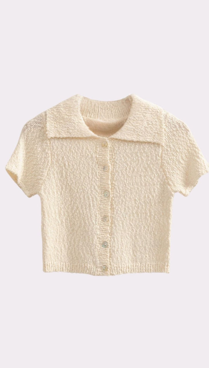 Textured, short-sleeved, button-down cardigan.