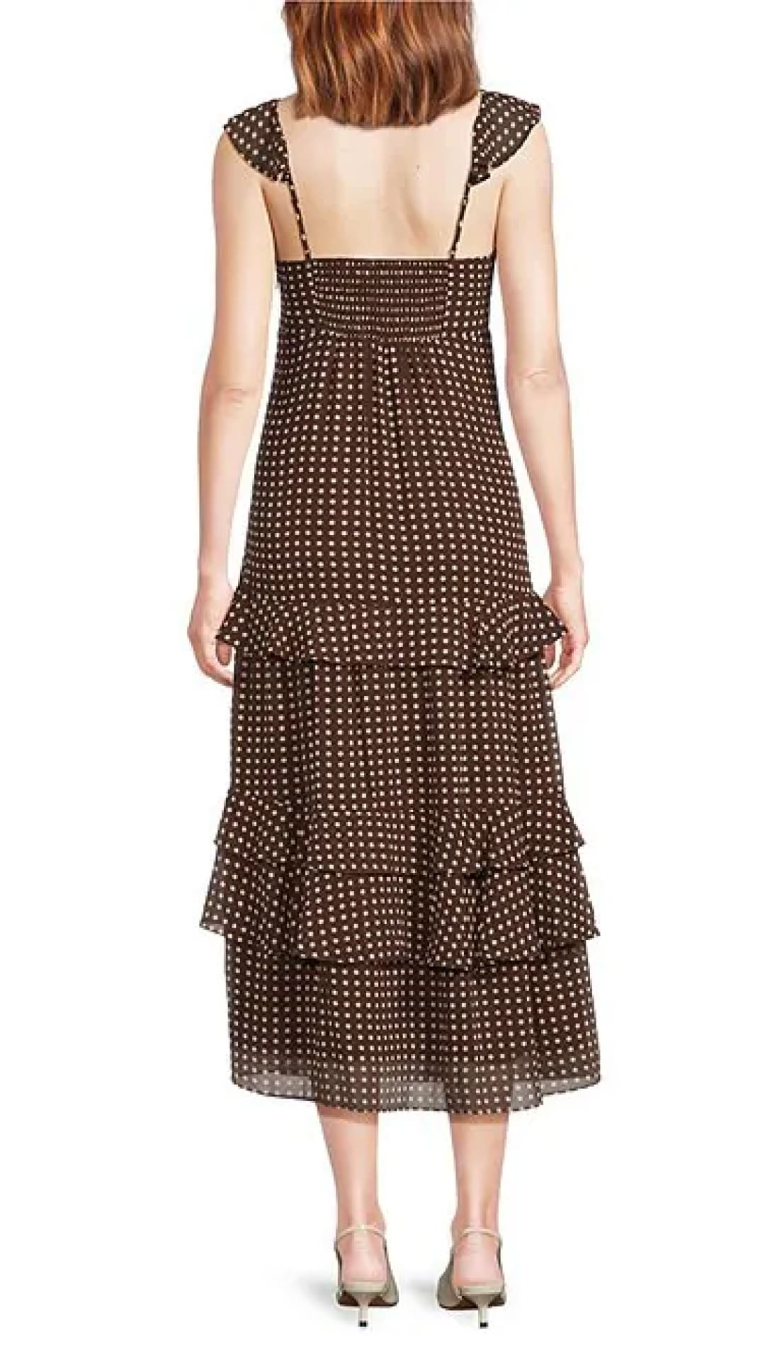Women’s brown polka dot tiered midi dress.
