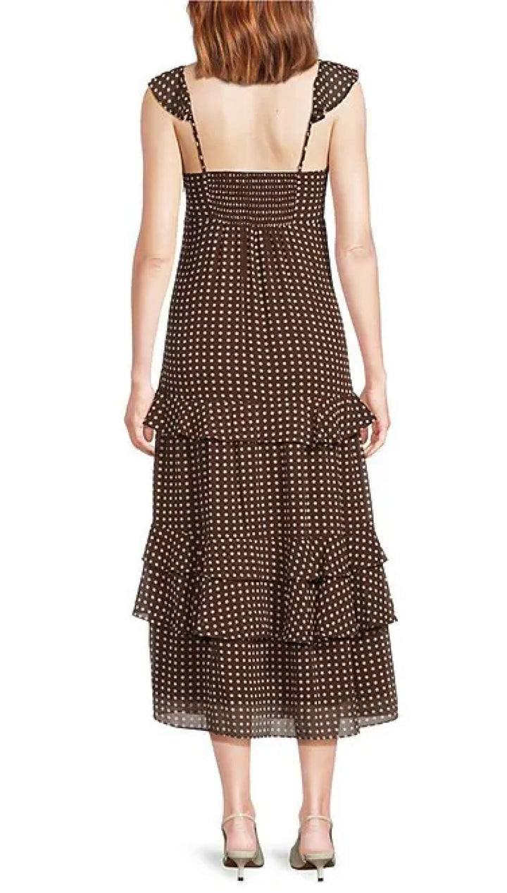 Women’s brown polka dot tiered midi dress.