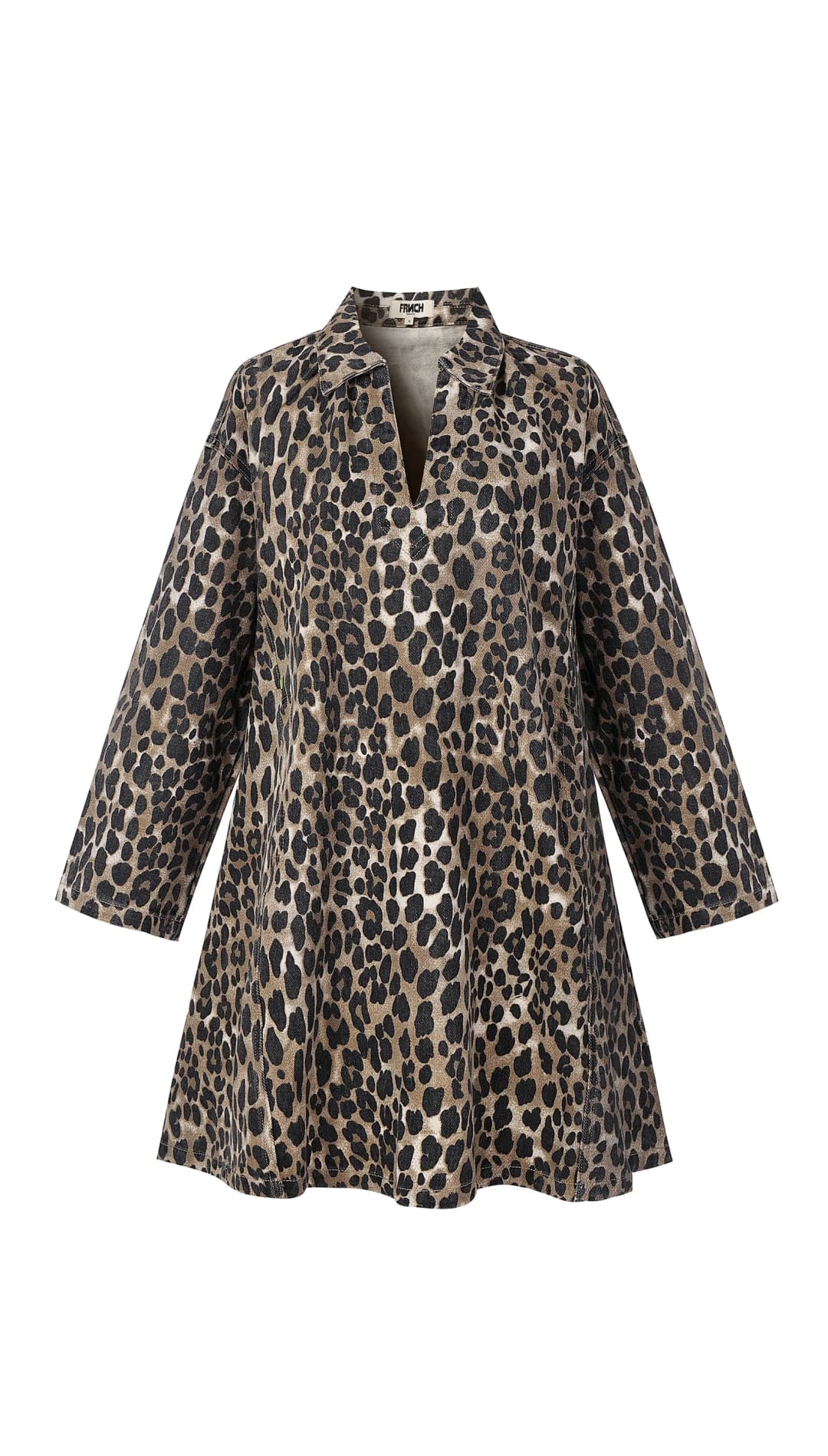 Leopard print tunic dress with a V-neck and 3/4 sleeves.